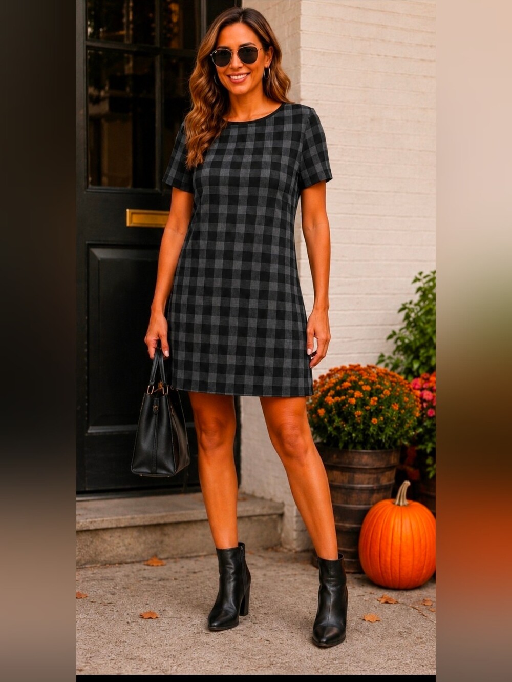 Alex Marie Black & Gray Plaid Short-Sleeve Shift Dress Size 8 Fall *